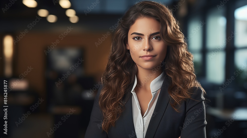 Cropped view of smiling young woman looking at camera with arms crossed.Happy young woman standing in creative office.Successful businessman standing in office with copy space Cropped view of smiling young woman looking at camera with arms crossed.Happy young woman standing in creative office.Successful businessman standing in office with copy space