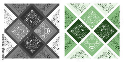 Grey and green bandanas. Abstract seamless pattern for kerchief, fabric patchwork.