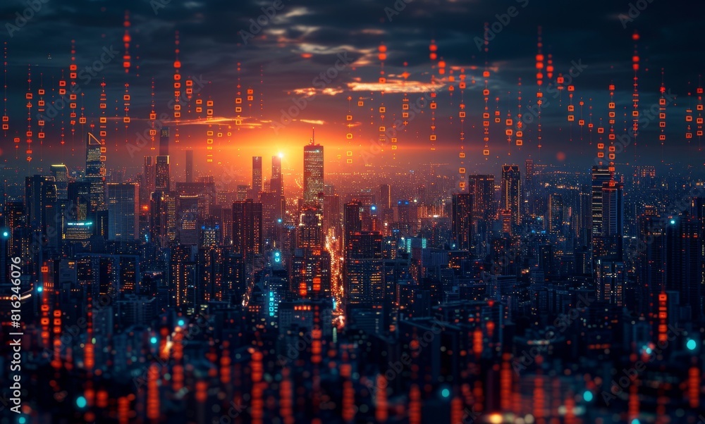 Digital hologram of coins and financial graphs with blue arrows pointing up, over a stock market background with a city skyline in the distance