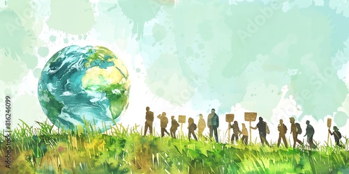 environment, water colors pastel, global rally with signs to stop climate change