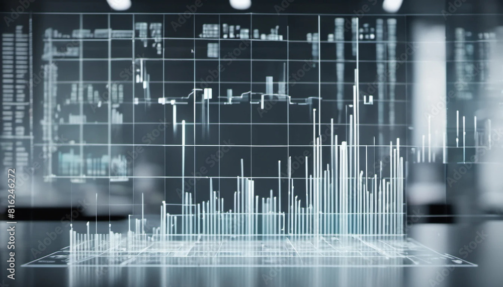 White hologram of vertical charts in glass room. White hologram of vertical charts in glass room.