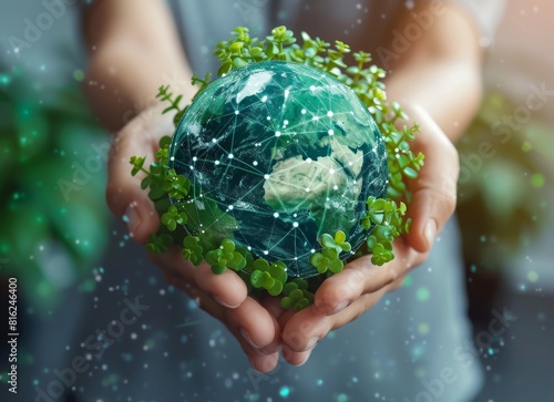 Ecofriendly business team holding a green planet with icons of energy and technology on a white desk in an office, in a flat lay top view. photo