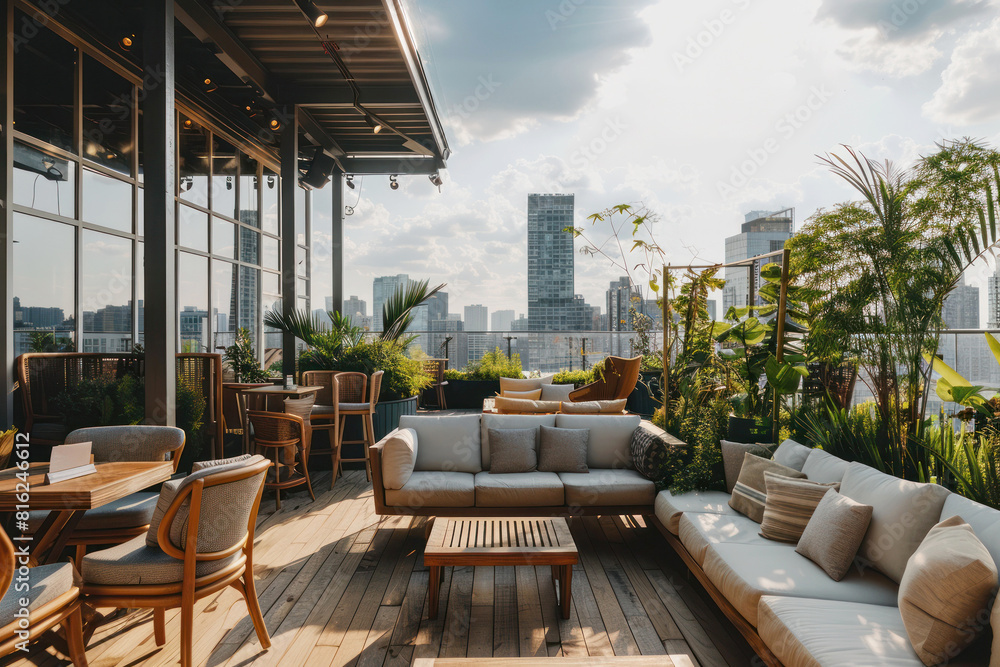 Fototapeta premium Cozy Rooftop Summer Cafe With Green Plants, Sofas and Tables