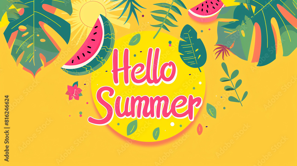 Fototapeta premium Hello Summer: Minimalist Greeting with Sun, Watermelon, and Leaves on Yellow Background