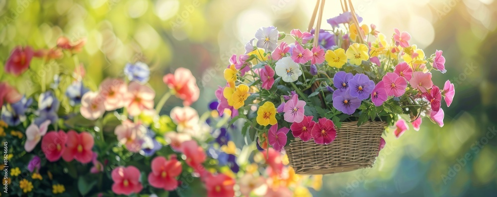Colorful hanging flower basket in spring sunshine Colorful hanging flower basket in spring sunshine