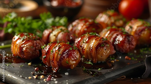 Bacon-wrapped dates stuffed with goat cheese, fresh foods in minimal style