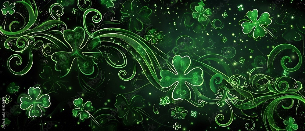 St. Patrick's Day abstract green background decorated with shamrock leaves. Patrick Day pub party celebrating. Abstract Border art design magic backdrop. Widescreen clovers on black with copy space. St. Patrick's Day abstract green background decorated with shamrock leaves. Patrick Day pub party celebrating. Abstract Border art design magic backdrop. Widescreen clovers on black with copy space.