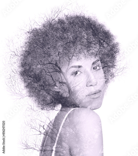 Double exposure of beautiful woman and tree on white background, color toned © New Africa