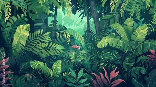 Fototapeta Naklejka Na Ścianę i Meble -  Seamless nature jungle cartoon wildlife and green palette landscape background vector illustration