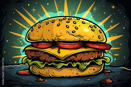 A cartoon drawing of a hamburger with a green lettuce and tomato on top