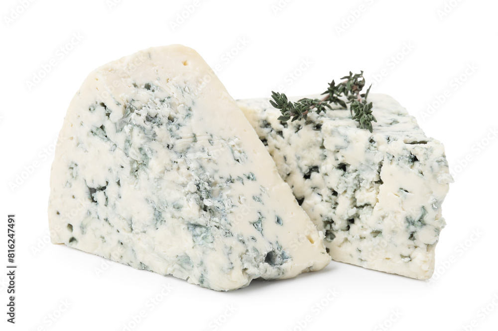 Tasty blue cheese with thyme isolated on white