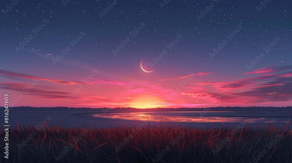 Serene twilight sky with crescent moon Serene twilight sky with crescent moon