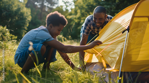 Happy african american son and father pitching tent together in sunny garden summer childhood fatherhood free time camping togetherness and outdoor activities unaltered : Generative AI photo