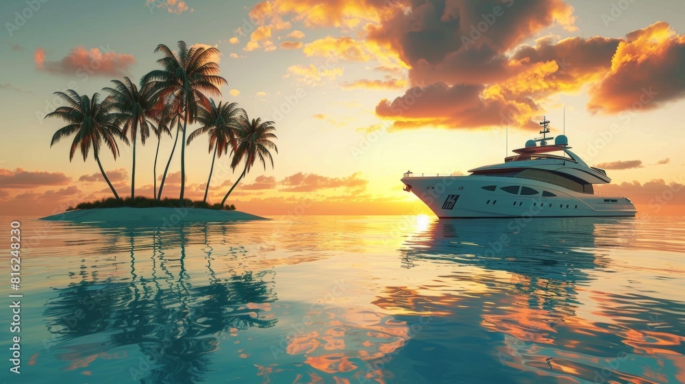 Obraz premium Luxury yacht in sea water at sunset with colorful sky and palm tree.