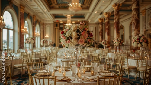 luxury event decor  the opulent event halls grand ballroom is embellished with elegant floral displays  detailed candelabras  and ornate ceiling moldings  radiating sophistication
