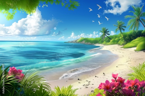 a tropical island with a coastline of azure sea, ocean and palm trees, blooming exotic flowers