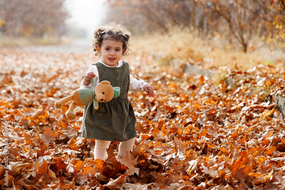 Autumn s gentle caress. Smiling adorable child wandering among golden autumn leaves