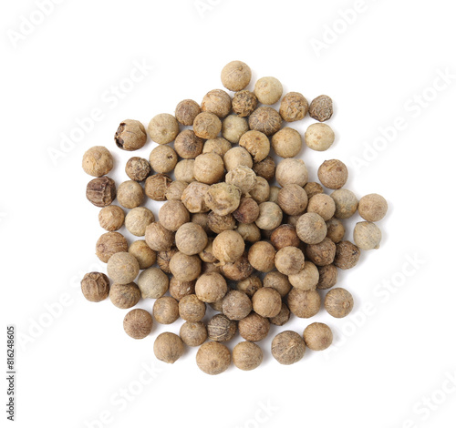 Aromatic spice. Many peppercorns isolated on white  top view