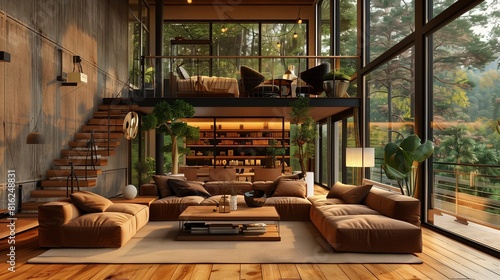 Modern living room with mezzanine 3d photo