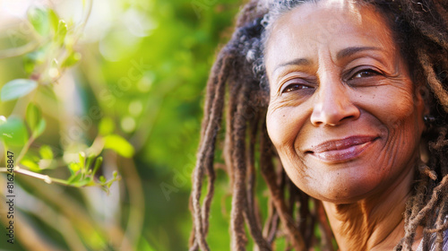 Portrait of a mature woman with dreadlocks looking at the camera with a smile  lifestyle of freedom