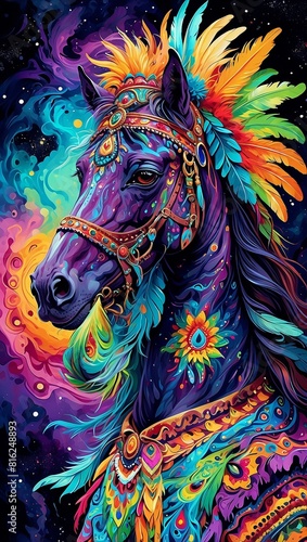 painting of a horse with a colorful headdress and feathers  horse warrior  beautiful horse  horse  digital horse  animal painting  beautiful art  oil paint style  beautiful serene horse  stunning art 