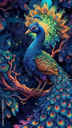 there is a blue peacock sitting on a branch of a tree, beautiful and graceful, peacock. intricate, blue phoenix bird, detailed beautiful animals, peacock, peaceful and graceful, 4 k highly detailed ar