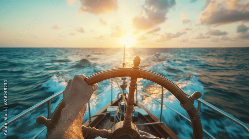 A ship captain is navigating a ship in sea.