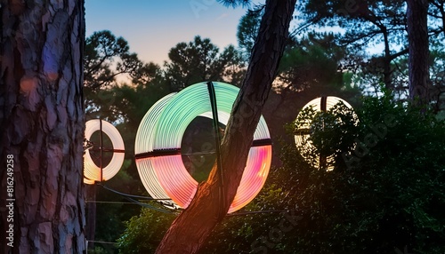 Colorful circles made of fluorescent blouse lights against a backdrop of beautiful green forest foliage. sunset in the botanical garden
