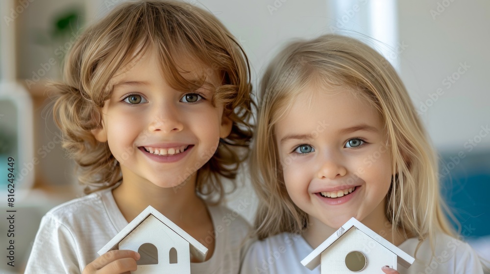 Two happy children are holding a birdhouse. They are smiling and looking at the camera. The background is blurred. Two happy children are holding a birdhouse. They are smiling and looking at the camera. The background is blurred.