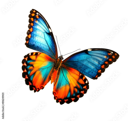 A stunning blue and orange butterfly in flight isolated on a white background. Perfect for nature and wildlife-themed designs.