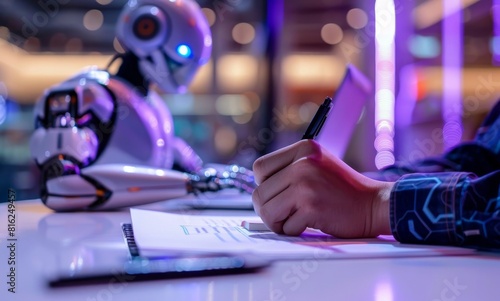 Photo of a human hand writing on paper with an AI robot using a laptop in the background, with a purple color scheme, at a white desk, with high resolution