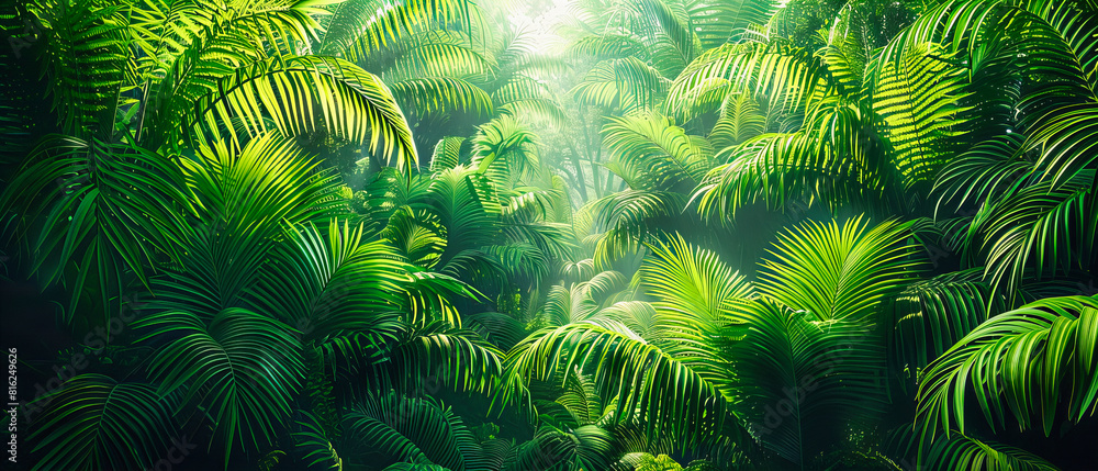 Dense Tropical Forest with Morning Fog, Lush Greenery Creating a Mystical Atmosphere Dense Tropical Forest with Morning Fog, Lush Greenery Creating a Mystical Atmosphere