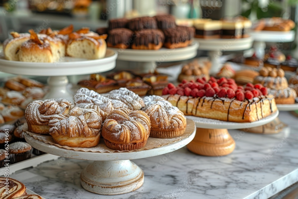 bakery display, an assortment of delicious pastries and cakes displayed elegantly on a marble table in a charming self-service bakery bakery display, an assortment of delicious pastries and cakes displayed elegantly on a marble table in a charming self-service bakery