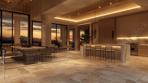 Elegant and luxury with night lighting open living  kitchen and dining room  marble island  stone floor  beige walls  wooden ceiling. Windows overlooking the sunset. 3d