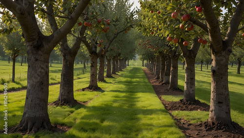 A row of apple trees orchard background