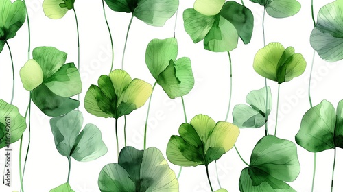 Green leaves pattern. Nature background. Watercolor illustration. St Patrick's Day clover shamrock background; watercolor effect

 photo