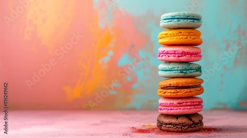 Colorful round biscuits stack, copy space. Generative AI