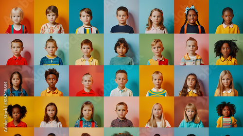 Collage with many little schoolchildren on color background : Generative AI © Generative AI