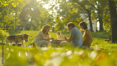 Fototapeta Naklejka Na Ścianę i Meble -  Big family with dog enjoying picnic in city park : Generative AI