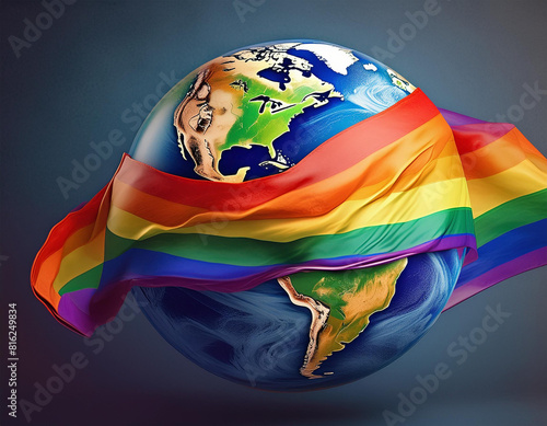 Globe Wrapped in Pride Flag, Illustration for Pride Month, Earth with rainbow flag