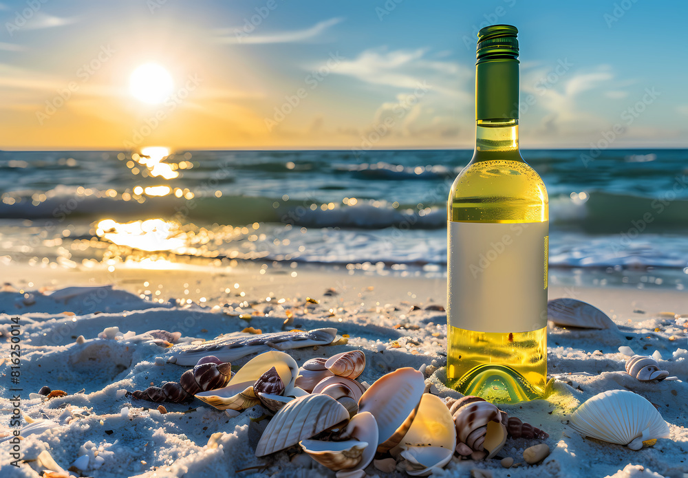 bottle on the beach, A sunny beach scene richly scattered with seashells and a champagne bottle paired with a glass bottle on the beach, A sunny beach scene richly scattered with seashells and a champagne bottle paired with a glass