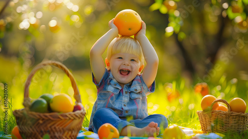 little cheerful blond boy in a green field keeps sitting on a picnic mat next to fruit baskets and holding an orange  on his head vitamins baby food healthy lifestyle happy childhood i : Generative AI © Generative AI