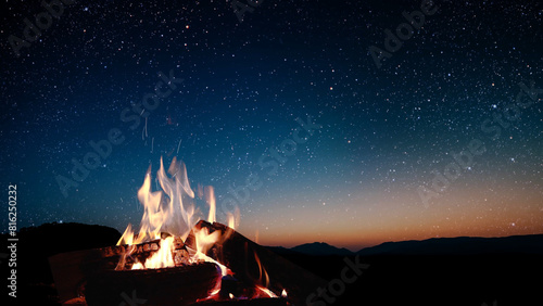 a bonfire burns at night against the background of mountains and sea with bright stars..