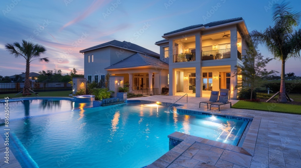 Swimming pool of a large mansion at dusk.