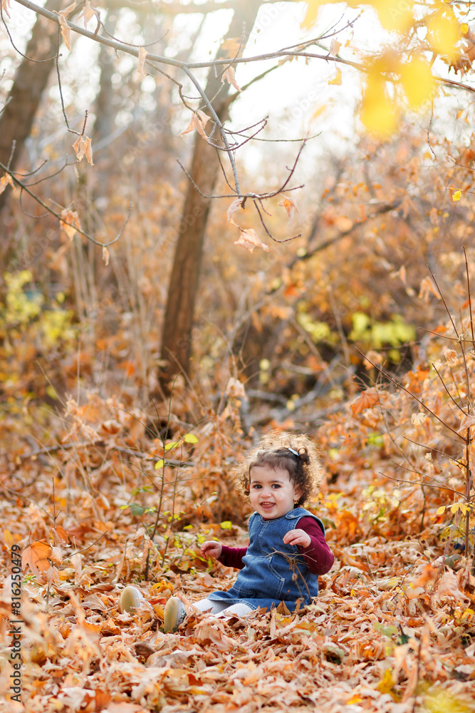 Evening shot of lovely girl with blue outfit seated in a world of leaves, light, and tranquility in autumn park