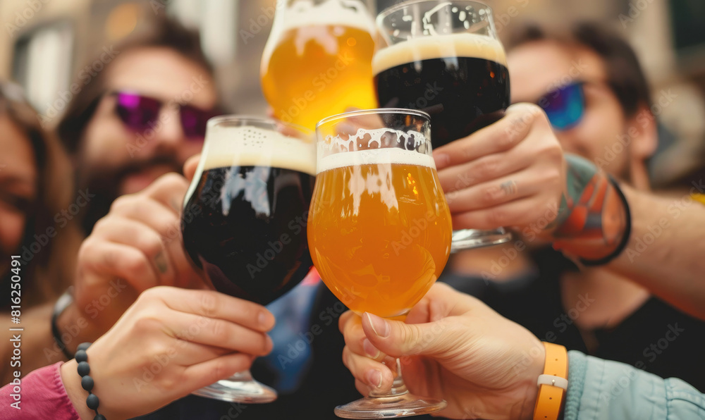 A group of friends raising their beer glasses in a toast. Beer Day celebration A group of friends raising their beer glasses in a toast. Beer Day celebration