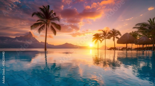 Swimming pool of a large mansion at sunset.