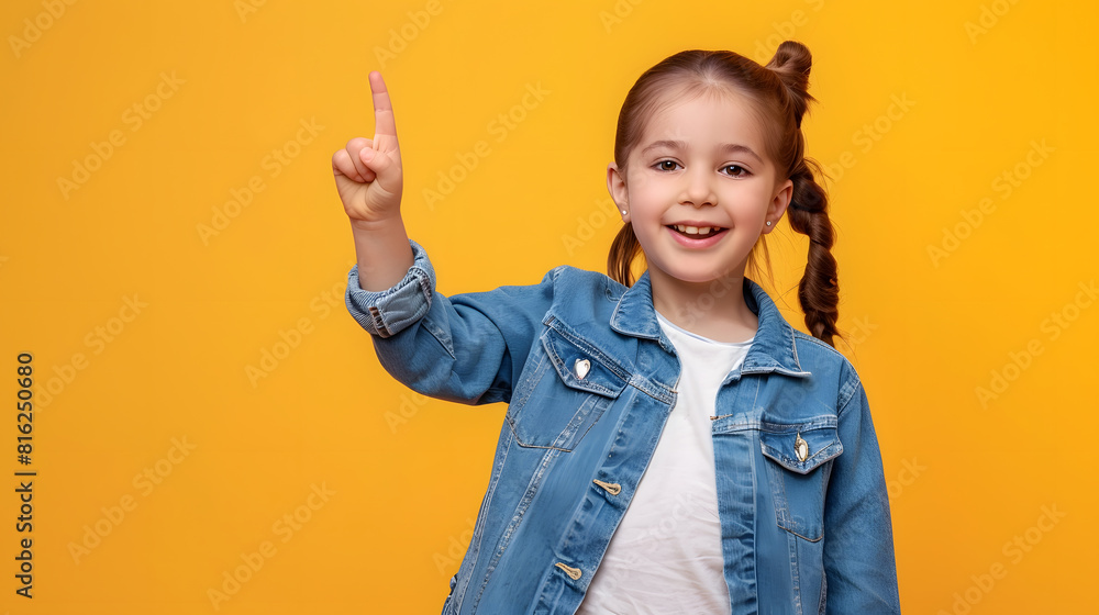 Photo of sweet charming preteen girl dressed jeans shirt pointing finger empty space smiling isolated yellow color background : Generative AI Photo of sweet charming preteen girl dressed jeans shirt pointing finger empty space smiling isolated yellow color background : Generative AI
