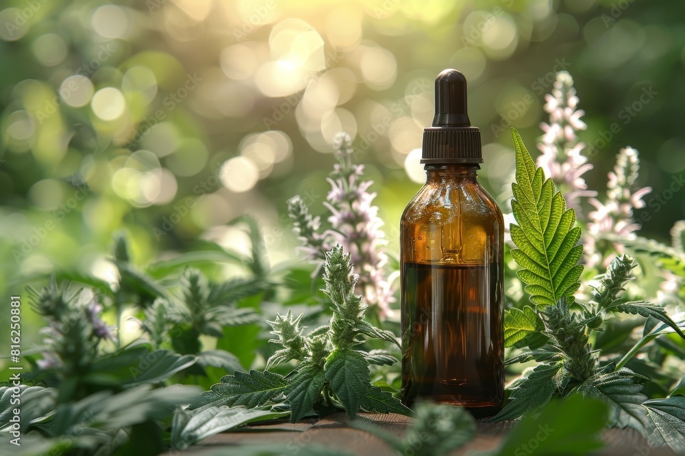 organic hemp oil bottle beside plant leaf, representing alternative medicine and herbal treatment organic hemp oil bottle beside plant leaf, representing alternative medicine and herbal treatment