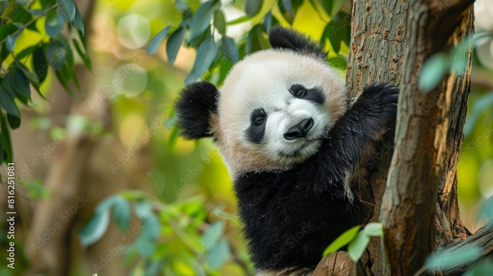 Obraz premium A panda bear on tree in wild forest.